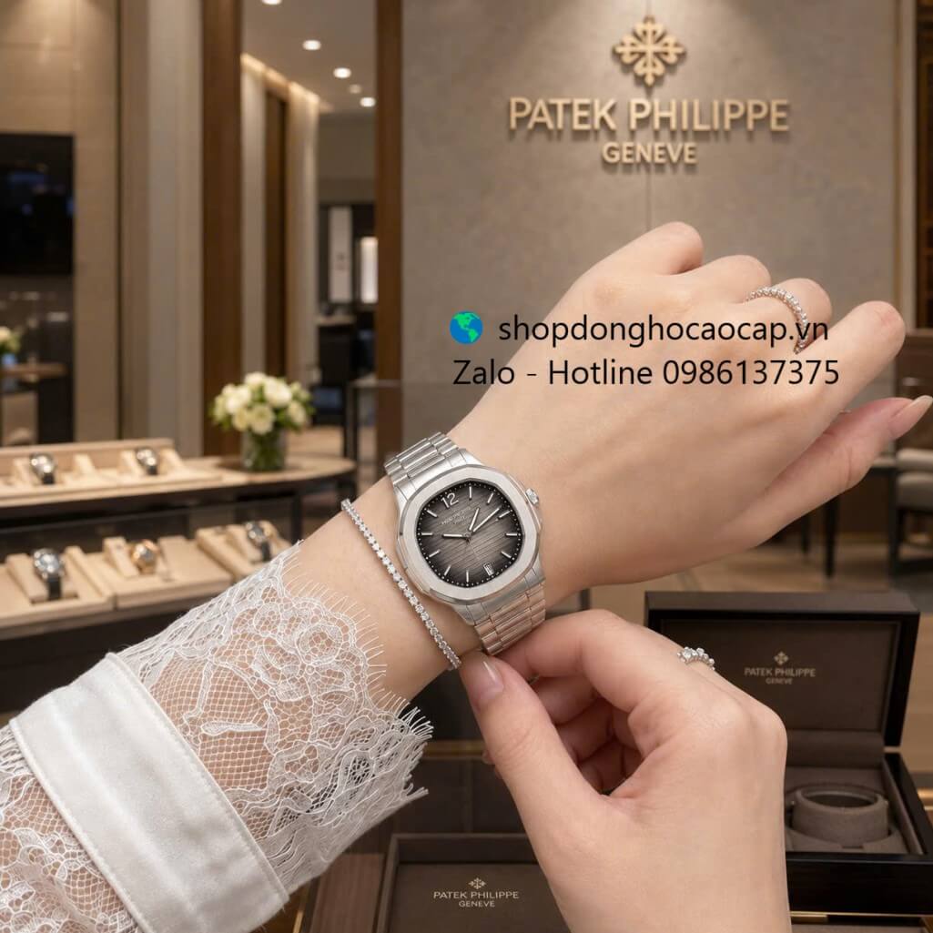 Đồng hồ Patek Philippe Nautilus nữ dây thép silver mặt đen ombre máy Thụy Sĩ size 36mm, đồng hồ viền trơn