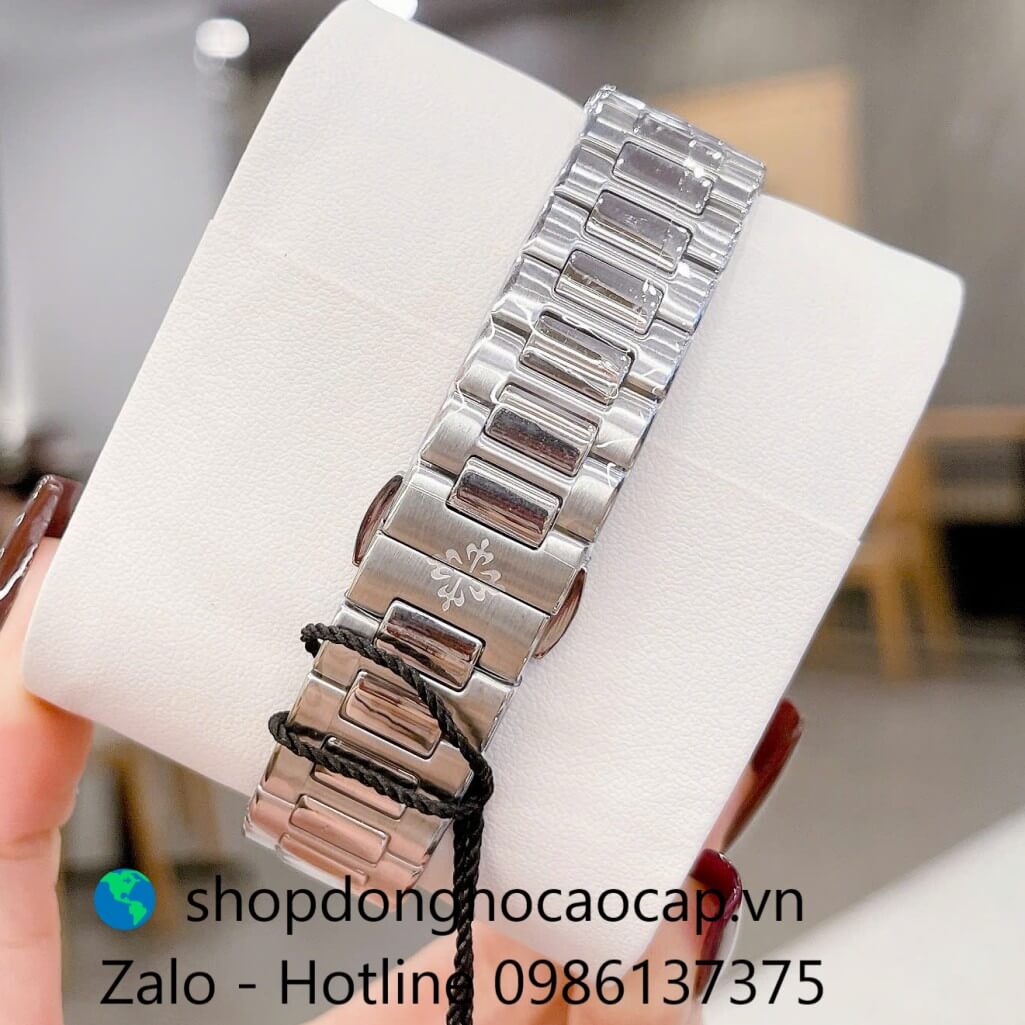 Đồng hồ Patek Philippe Nautilus nữ dây thép silver mặt đen ombre máy Thụy Sĩ size 36mm, đồng hồ viền trơn