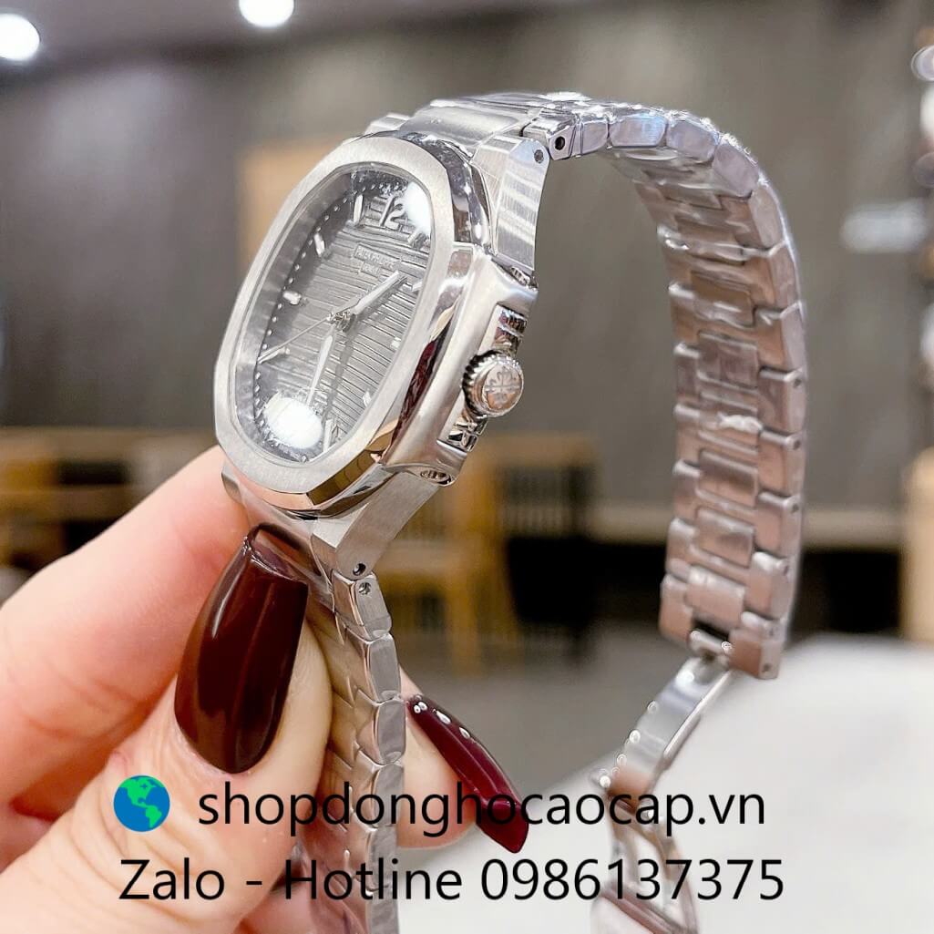 Đồng hồ Patek Philippe Nautilus nữ dây thép silver mặt đen ombre máy Thụy Sĩ size 36mm, đồng hồ viền trơn