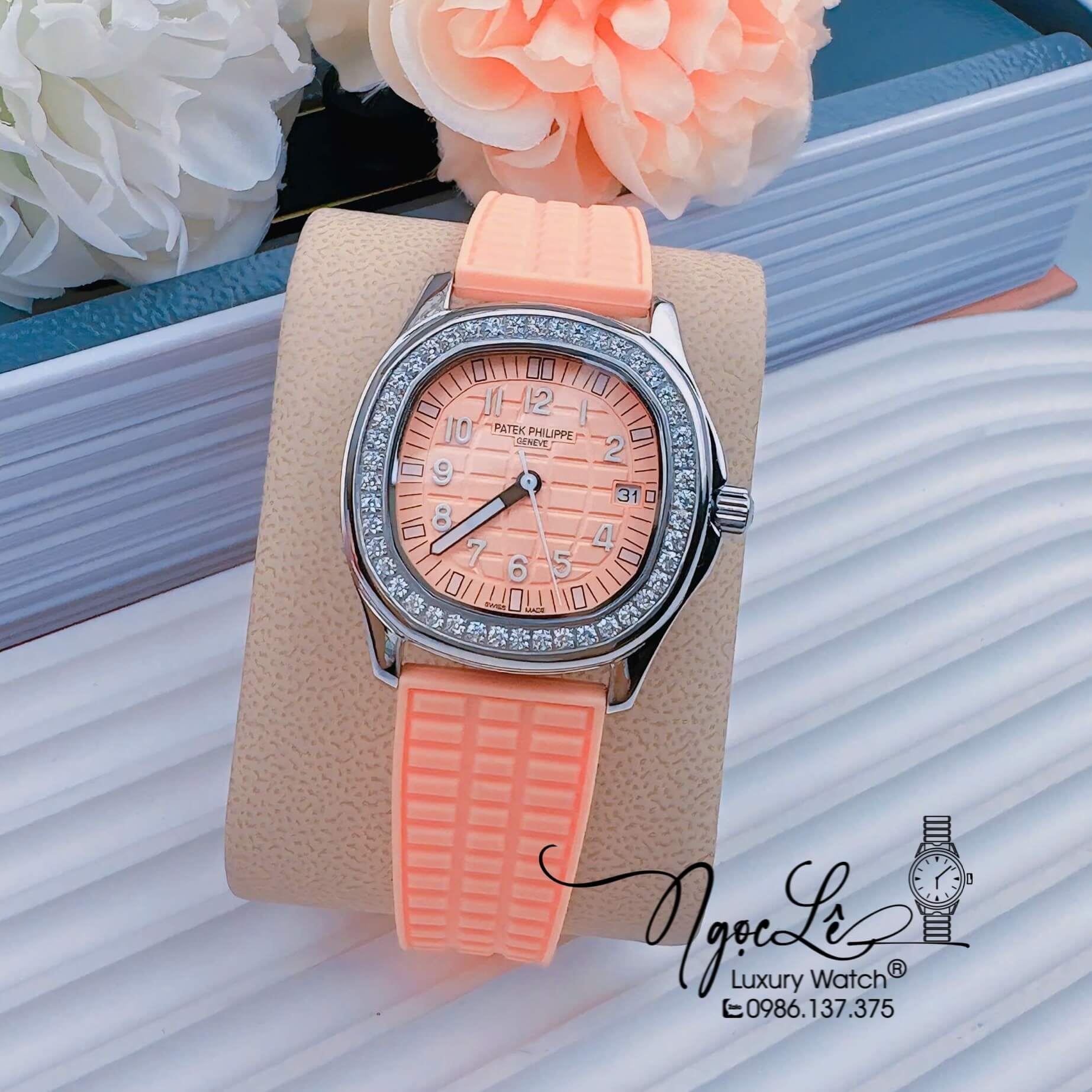 Đồng Hồ Patek Philippe Aquanaut Nữ Dây Cao Su Màu Cam Sữa Đính Đá Máy Pin Size 35mm