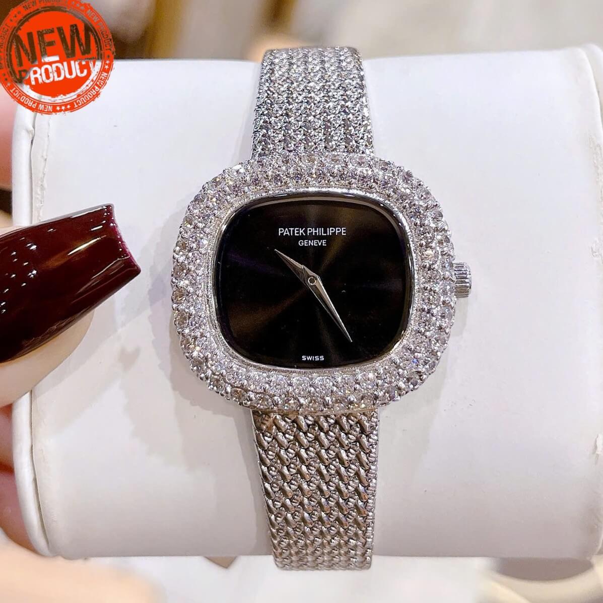 Đồng Hồ Patek Philippe Nữ Dây Mesh Bạc Mặt Đen Đính Đá Size 32mm