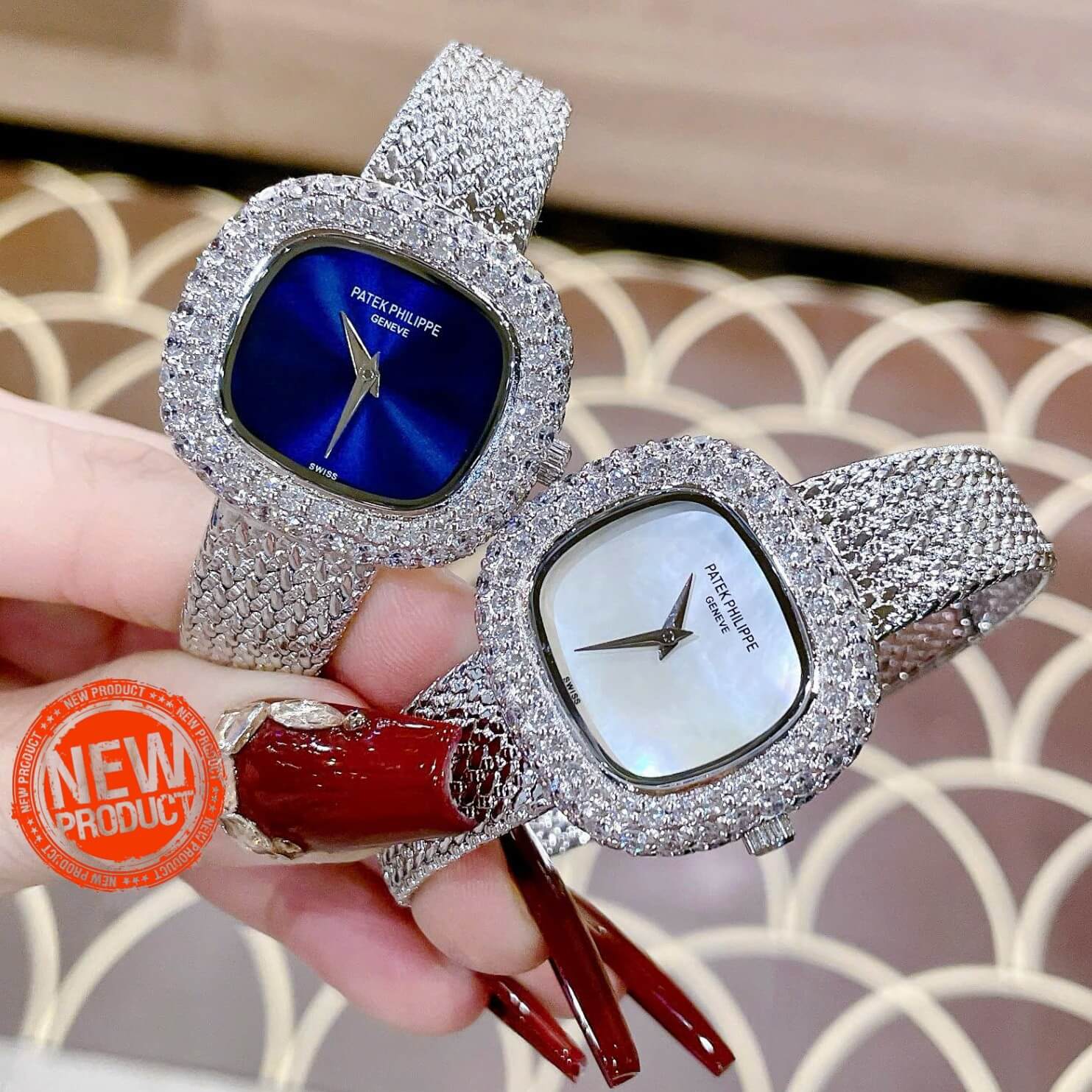 Đồng Hồ Patek Philippe Nữ Dây Mesh Bạc Đính Đá Size 32mm Mặt Xà Cừ