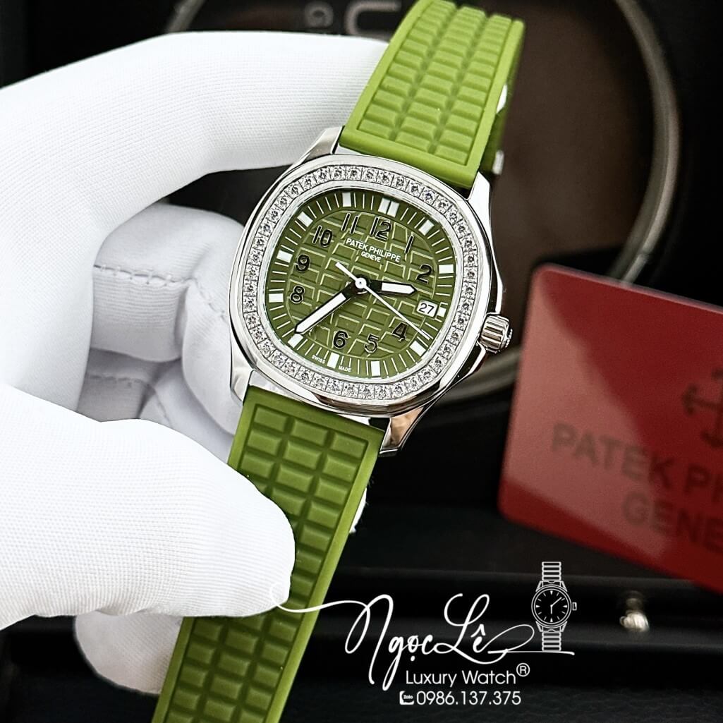 Đồng Hồ Patek Philippe Nữ Dây Silicon Màu Xanh Đính Đá 35mm