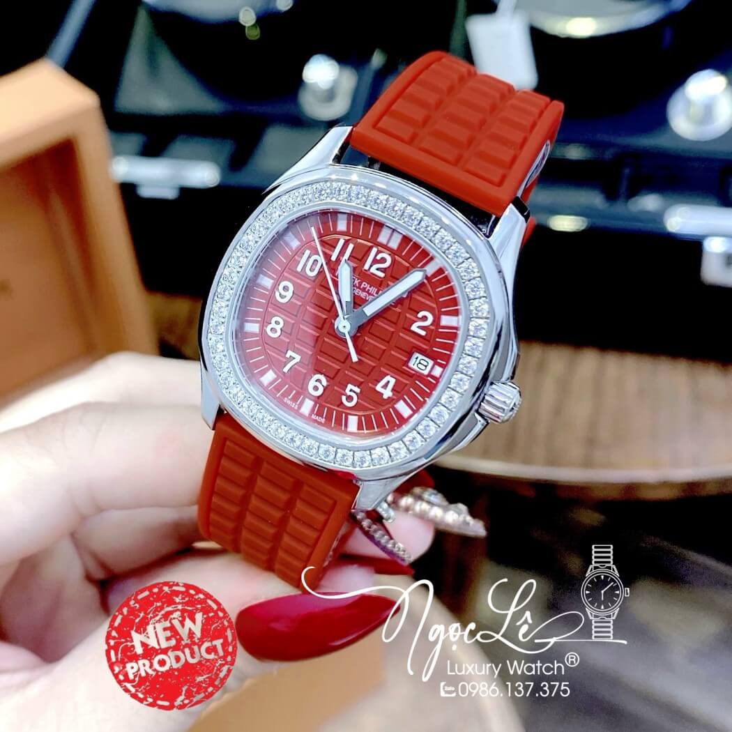 Đồng Hồ Patek Philippe Nữ Dây Silicon Màu Đỏ Đính Đá Vỏ Bạc Size 35mm