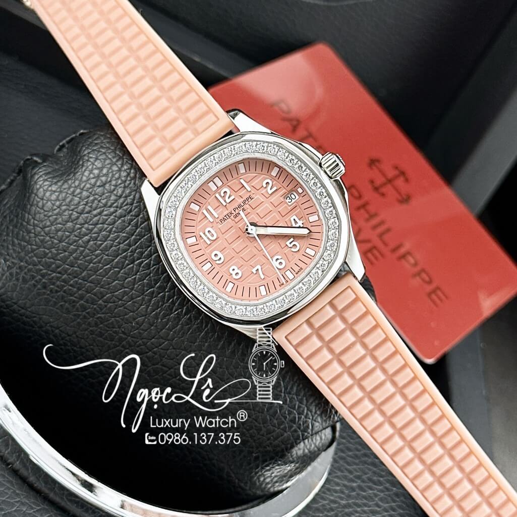 Đồng Hồ Patek Philippe Nữ Dây Silicon Màu Cam Sữa Đính Đá 35mm