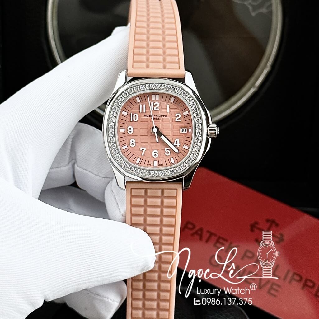 Đồng Hồ Patek Philippe Nữ Dây Silicon Màu Cam Sữa Đính Đá 35mm