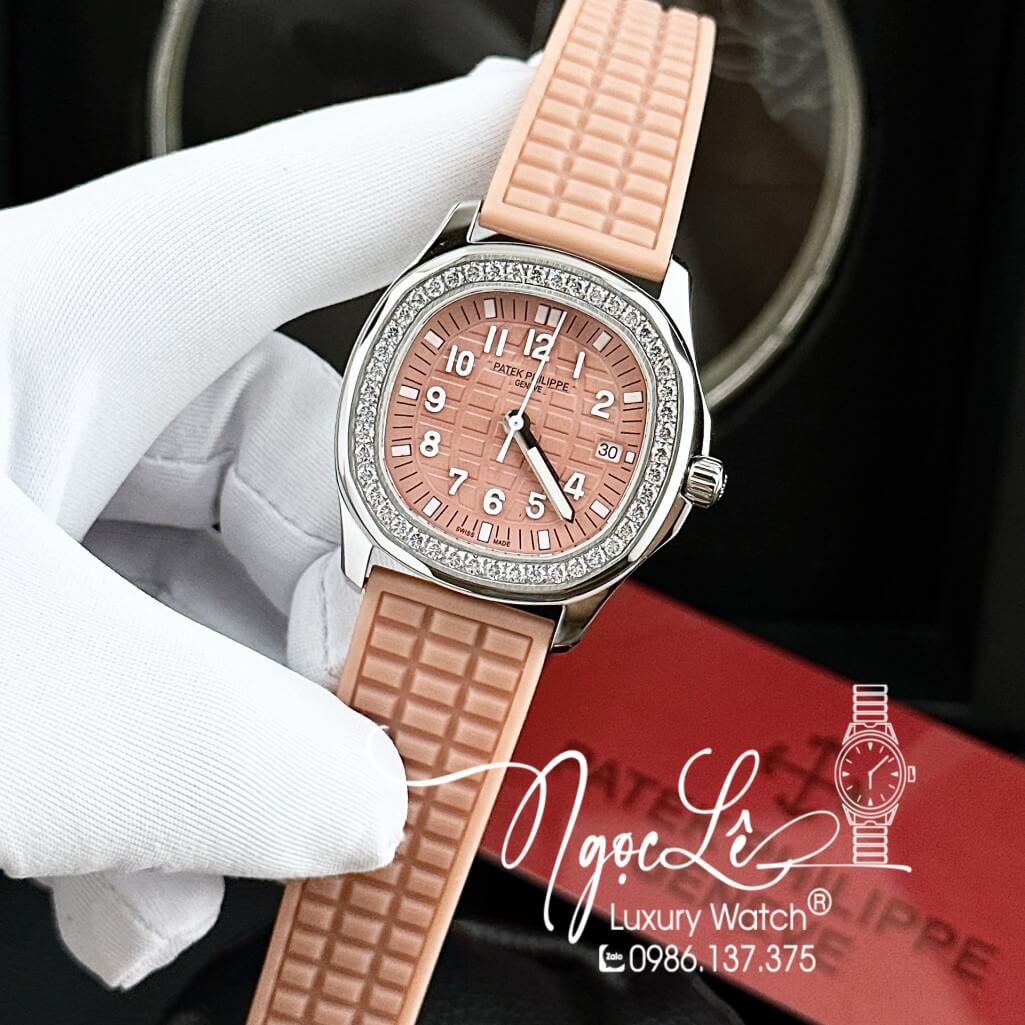 Đồng Hồ Patek Philippe Nữ Dây Silicon Màu Cam Sữa Đính Đá 35mm