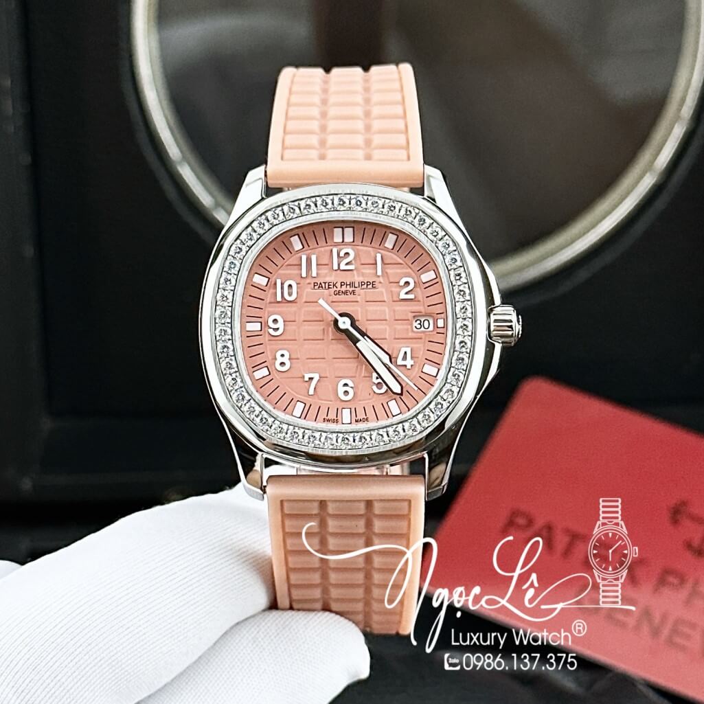 Đồng Hồ Patek Philippe Nữ Dây Silicon Màu Cam Sữa Đính Đá 35mm