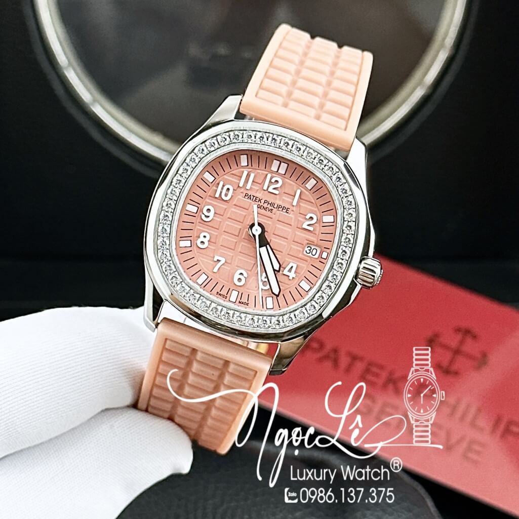 Đồng Hồ Patek Philippe Nữ Dây Silicon Màu Cam Sữa Đính Đá 35mm