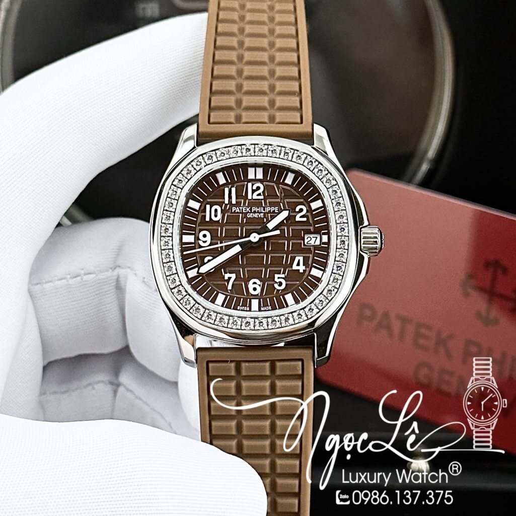 Đồng Hồ Patek Philippe Nữ Dây Silicon Màu Nâu Socola Đính Đá 35mm