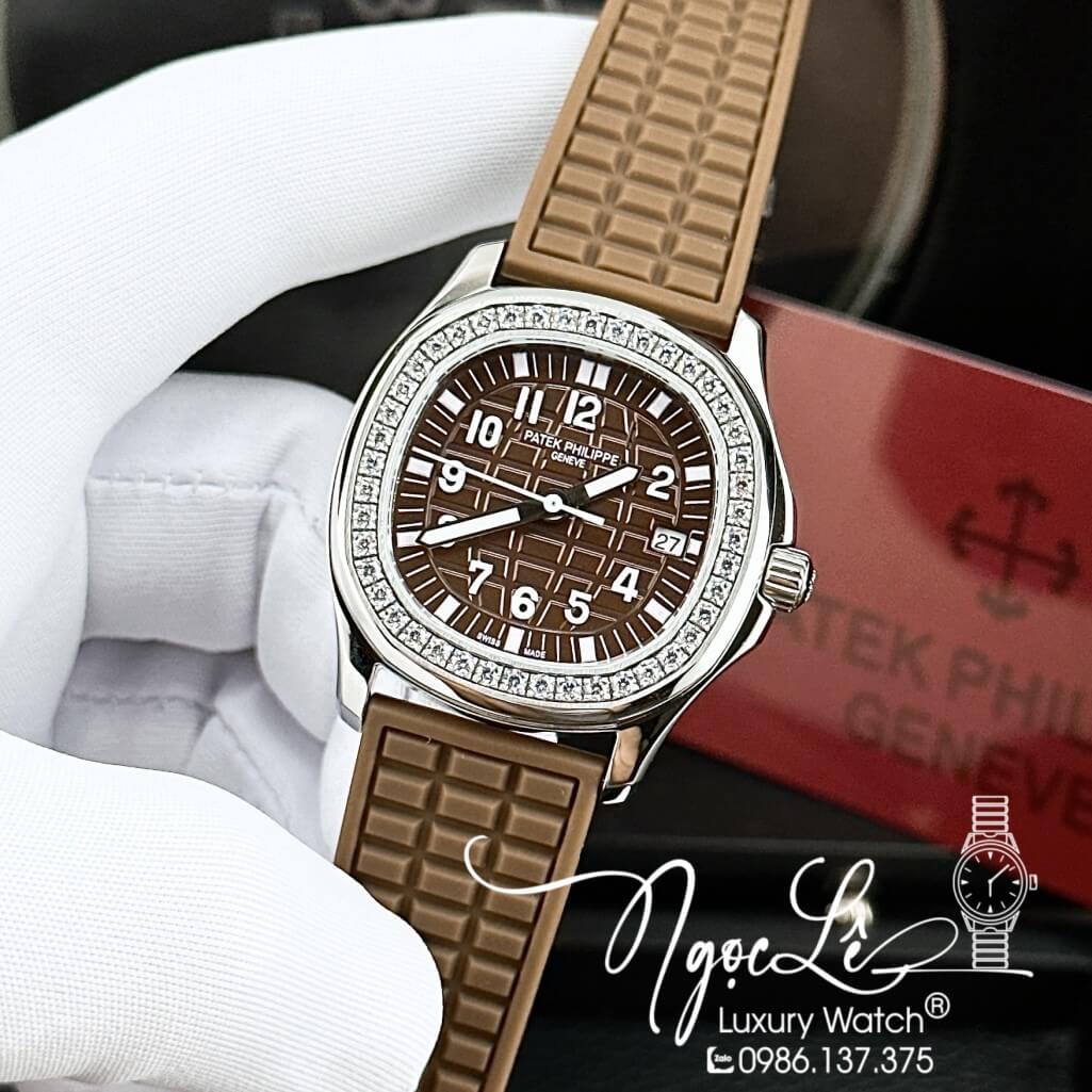 Đồng Hồ Patek Philippe Nữ Dây Silicon Màu Nâu Socola Đính Đá 35mm