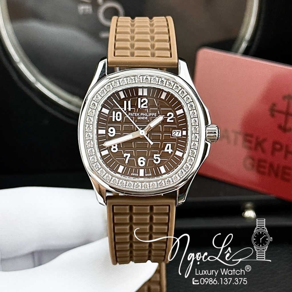 Đồng Hồ Patek Philippe Nữ Dây Silicon Màu Nâu Socola Đính Đá 35mm