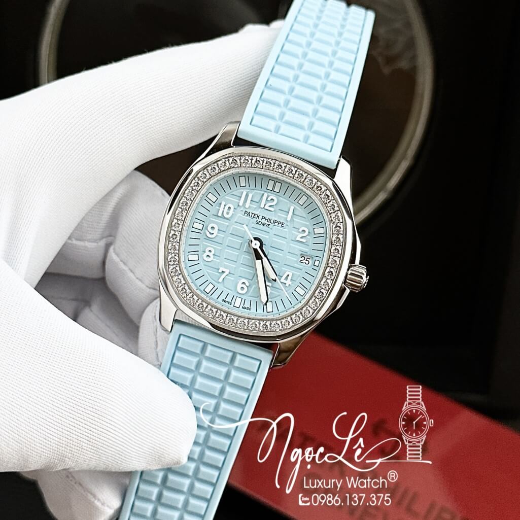 Đồng Hồ Patek Philippe Nữ Dây Silicon Màu Xanh Nhạt Đính Đá 35mm