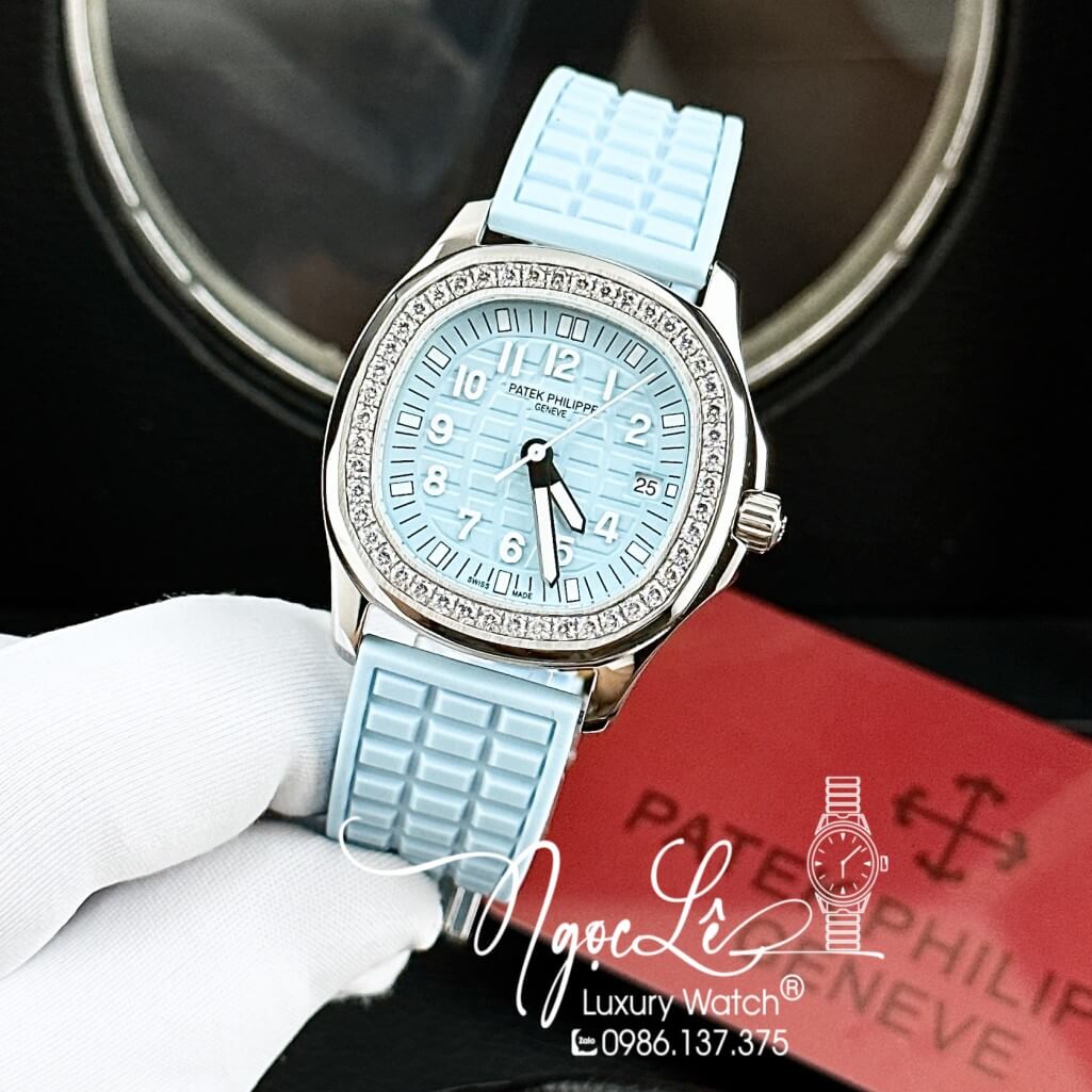 Đồng Hồ Patek Philippe Nữ Dây Silicon Màu Xanh Nhạt Đính Đá 35mm