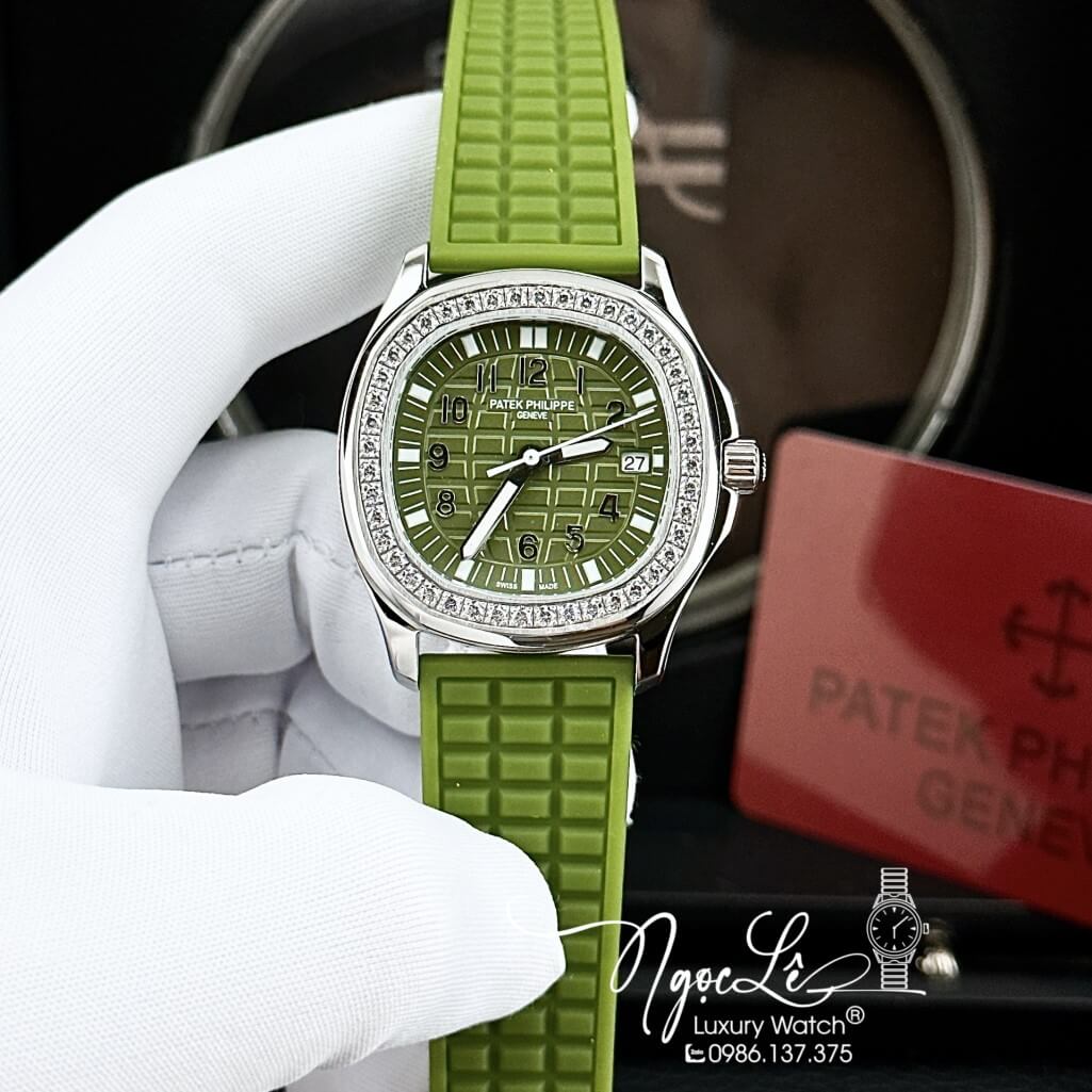 Đồng Hồ Patek Philippe Nữ Dây Silicon Màu Xanh Đính Đá 35mm