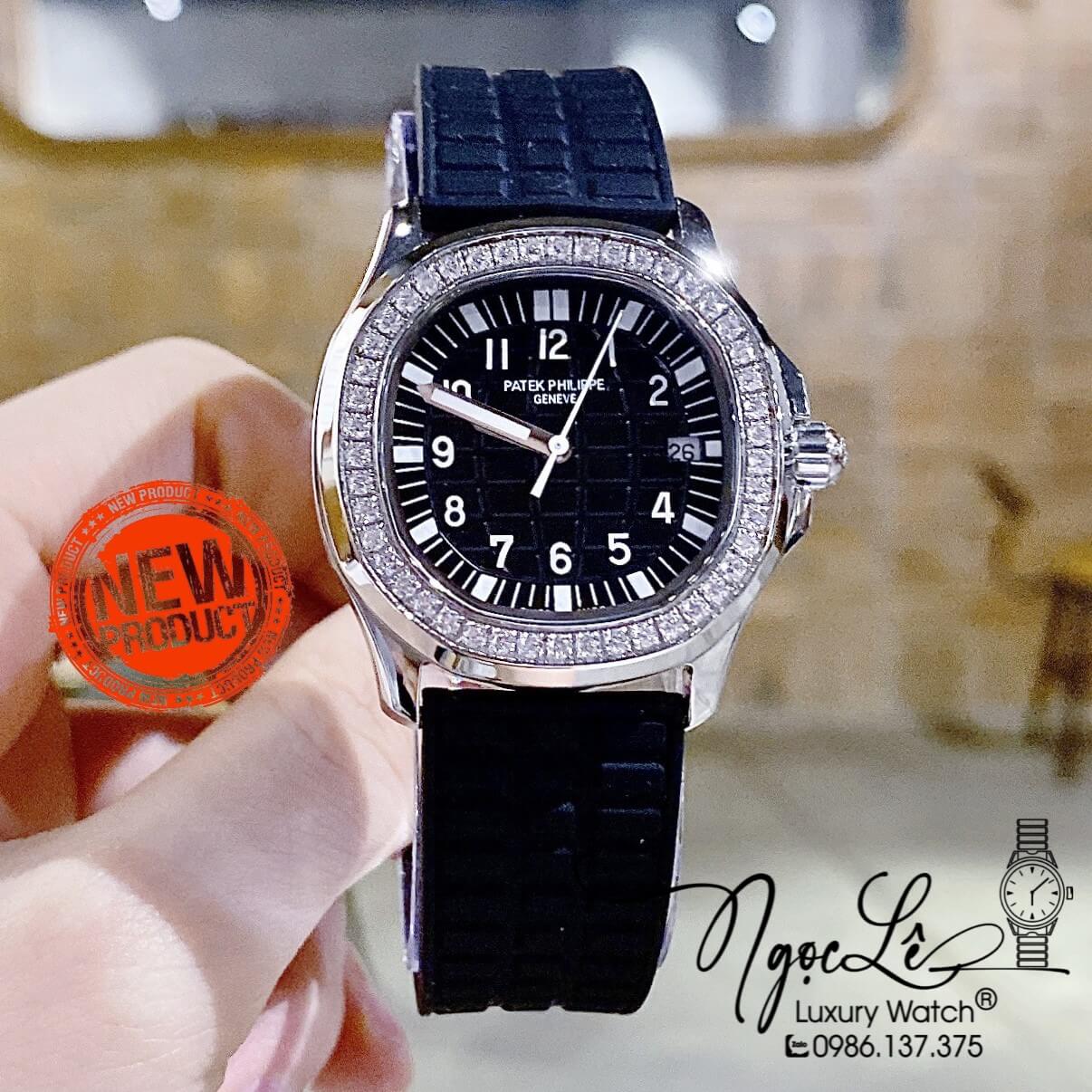 Đồng Hồ Patek Philippe Aquanaut Nữ Dây Silicon Màu Đen Đính Đá Vỏ Bạc Size 35mm