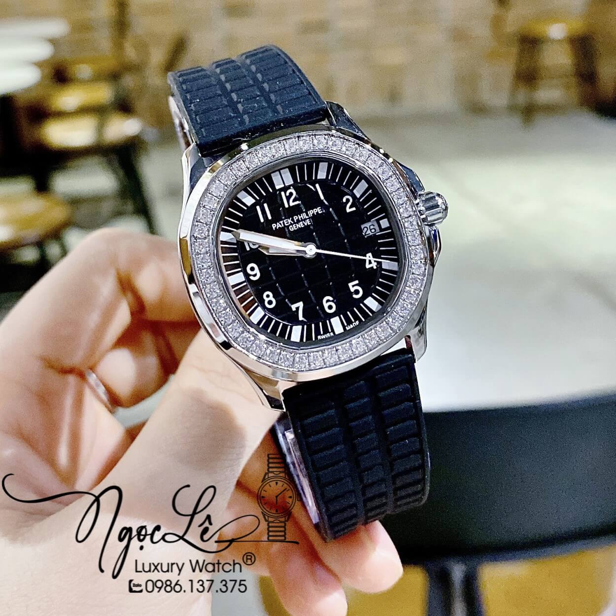 Đồng Hồ Patek Philippe Aquanaut Nữ Dây Silicon Màu Đen Đính Đá Vỏ Bạc Size 35mm