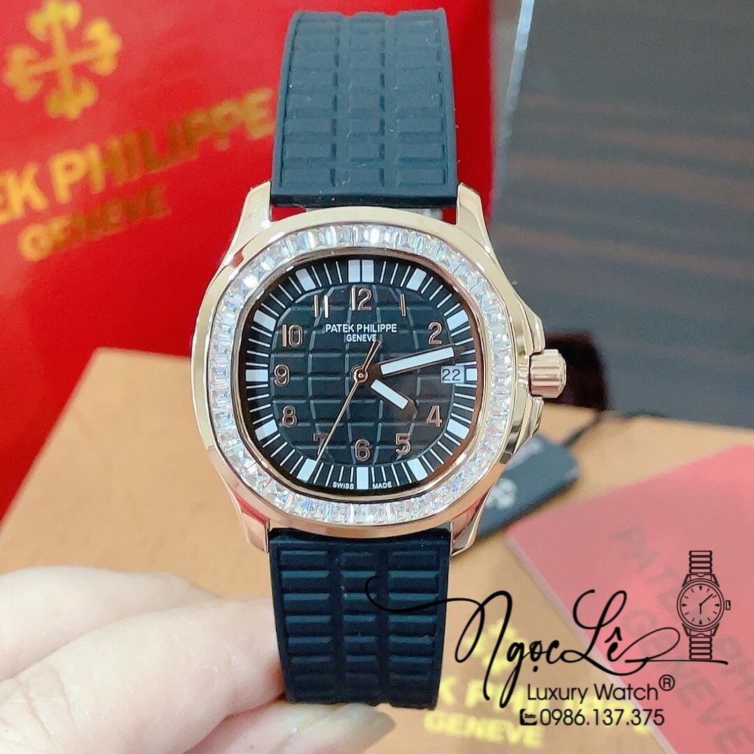 Đồng Hồ Patek Philippe Aquanaut Nữ Dây Silicon Màu Đen Đính Đá Ống Vỏ Rose Size 35mm