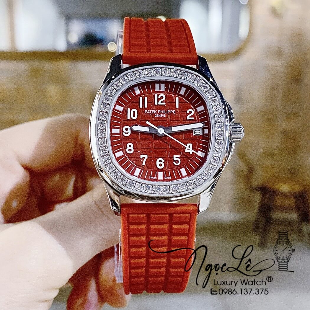 Đồng Hồ Patek Philippe Nữ Dây Silicon Màu Đỏ Đính Đá Vỏ Bạc Size 35mm