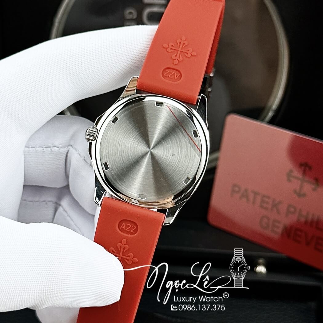 Đồng Hồ Patek Philippe Nữ Dây Silicon Màu Đỏ Đính Đá Vỏ Bạc Size 35mm