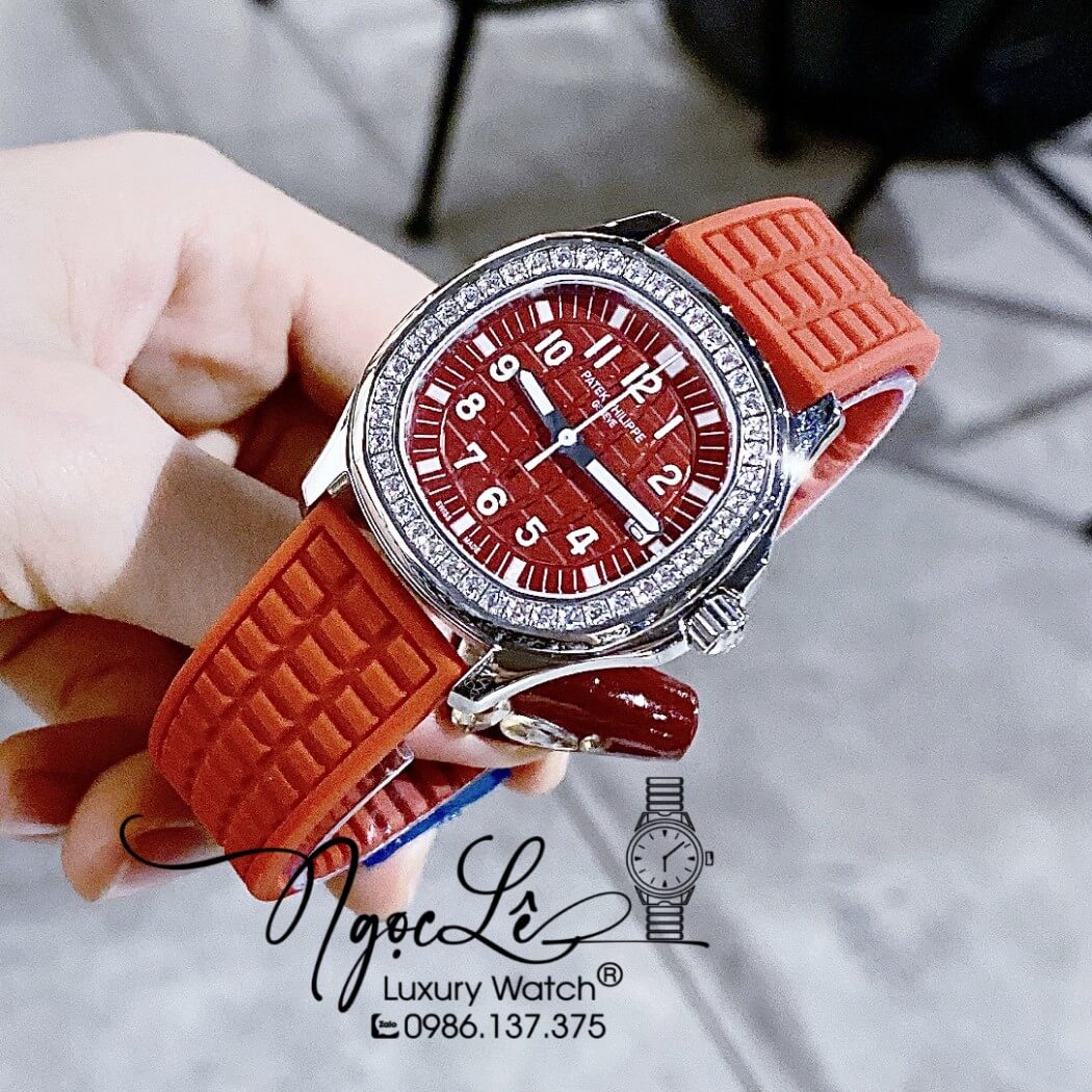 Đồng Hồ Patek Philippe Nữ Dây Silicon Màu Đỏ Đính Đá Vỏ Bạc Size 35mm