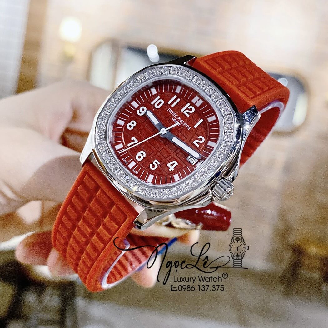 Đồng Hồ Patek Philippe Nữ Dây Silicon Màu Đỏ Đính Đá Vỏ Bạc Size 35mm