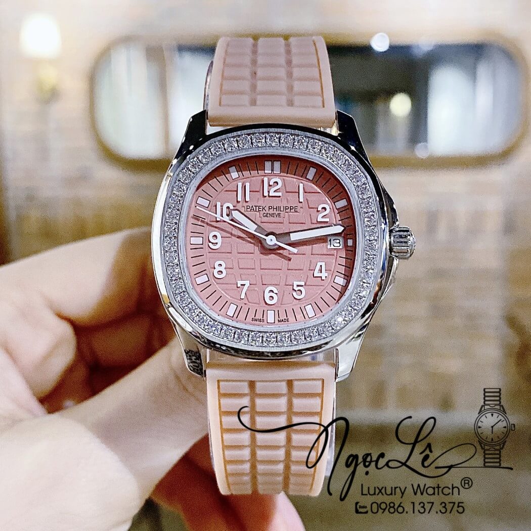 Đồng Hồ Patek Philippe Nautilus Nữ Dây Silicon Màu Hồng Sữa Đính Đá Vỏ Bạc Size 35mm