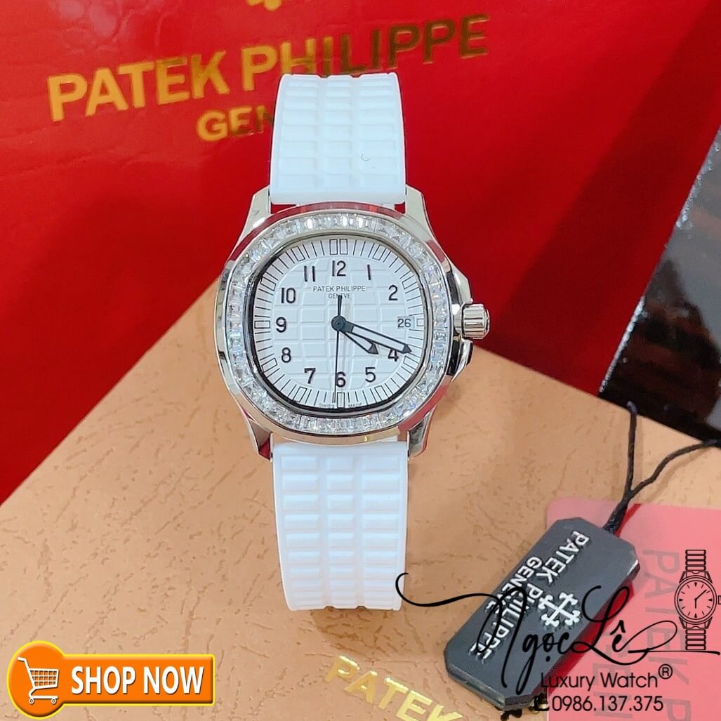 Đồng Hồ Patek Philippe Aquanaut Nữ Dây Silicon Màu Trắng Đính Đá Ống Vỏ Bạc Size 35mm