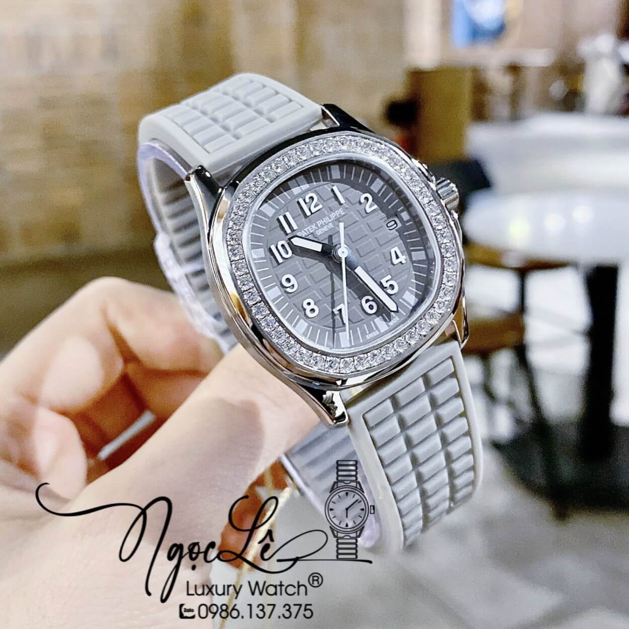 Đồng Hồ Patek Philippe Aquanaut Nữ Dây Silicon Màu Xám Đính Đá Vỏ Bạc Size 35mm