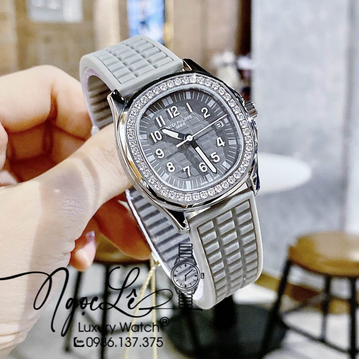 Đồng Hồ Patek Philippe Aquanaut Nữ Dây Silicon Màu Xám Đính Đá Vỏ Bạc Size 35mm