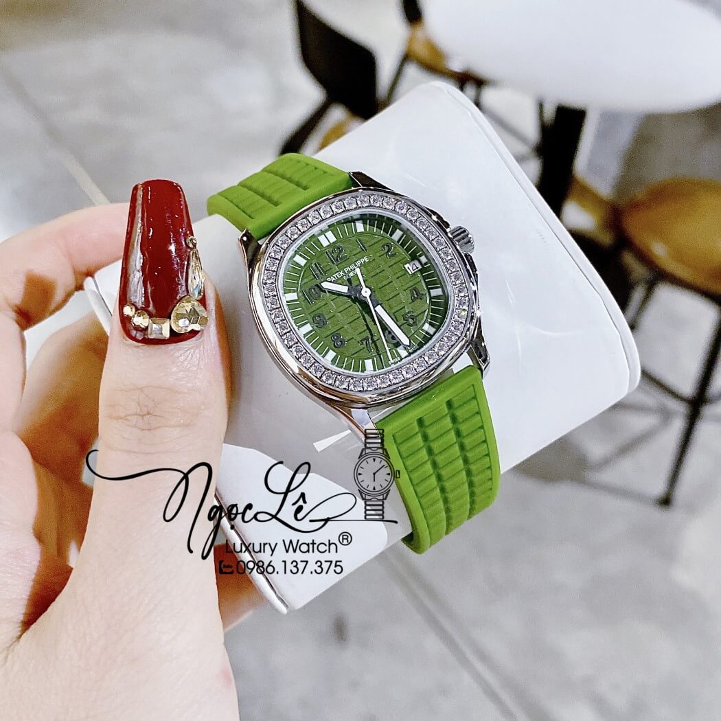 Đồng Hồ Patek Philippe Nautilus Nữ Dây Silicon Màu Xanh Lục Đính Đá Vỏ Bạc Size 35mm