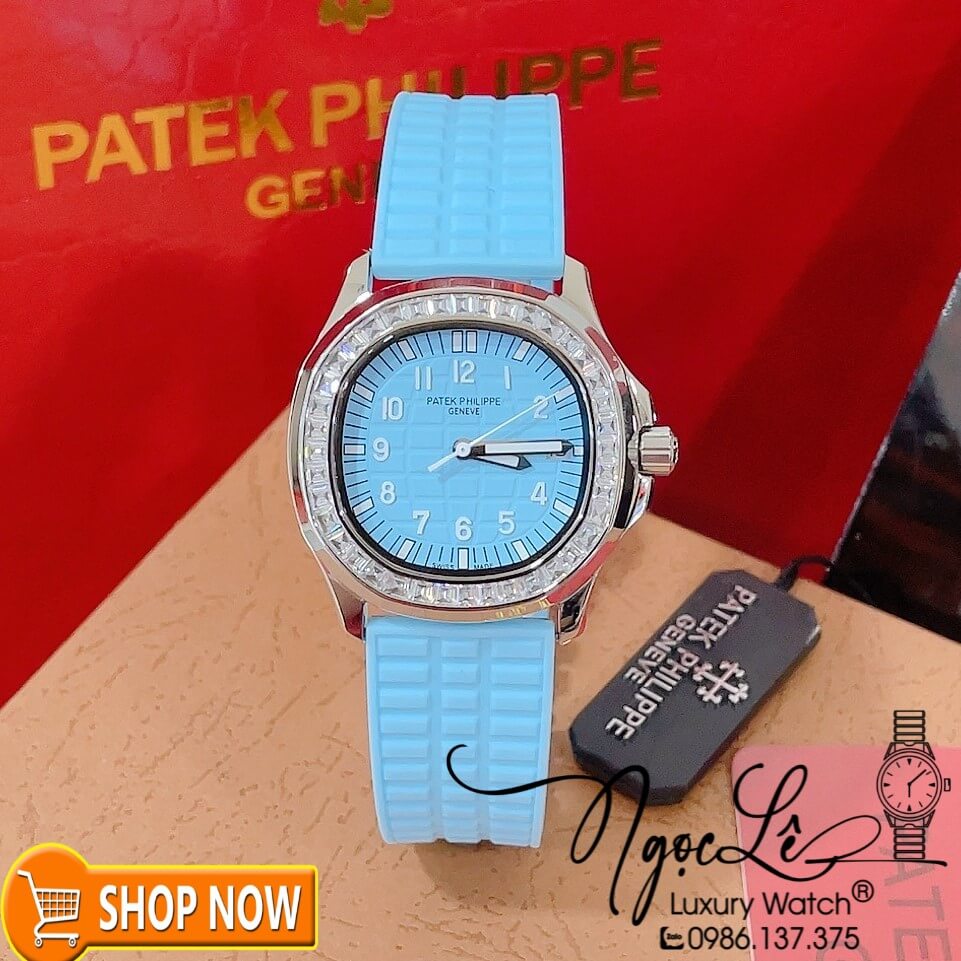 Đồng Hồ Patek Philippe Aquanaut Nữ Dây Silicon Màu Xanh Pastel Đính Đá Ống Vỏ Bạc Size 35mm