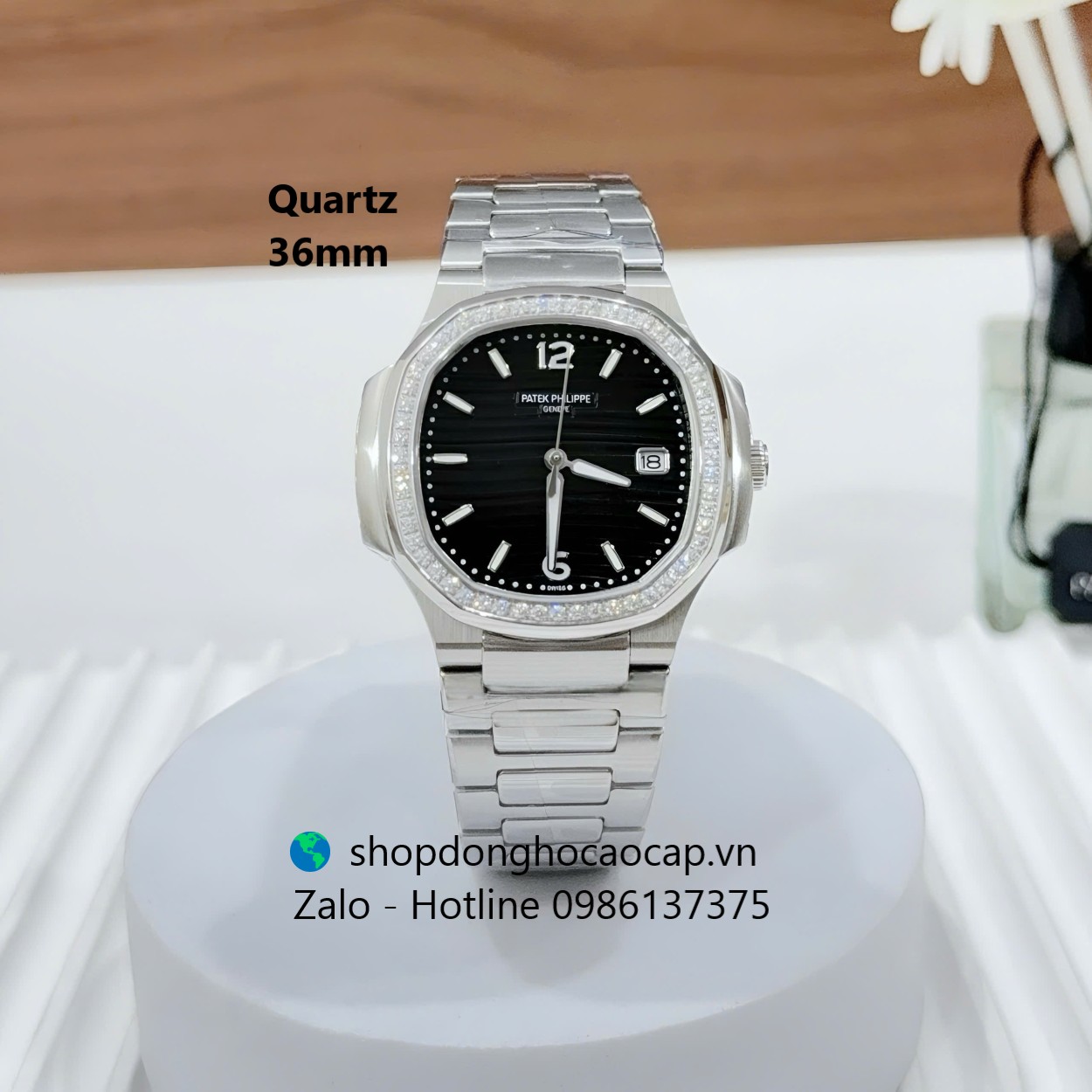 Đồng hồ Patek Philippe Nautilus nữ 36mm, đồng hồ nữ dây thép bạc mặt đen viền đá máy Quartz