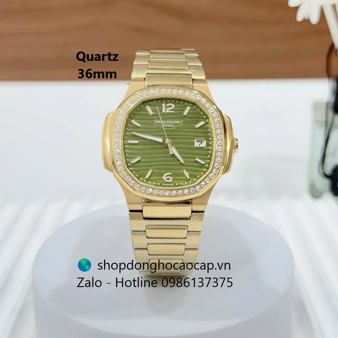 Đồng hồ Patek Philippe Nautilus nữ màu vàng size 36mm, đồng hồ nữ mặt màu xanh oliu Quartz