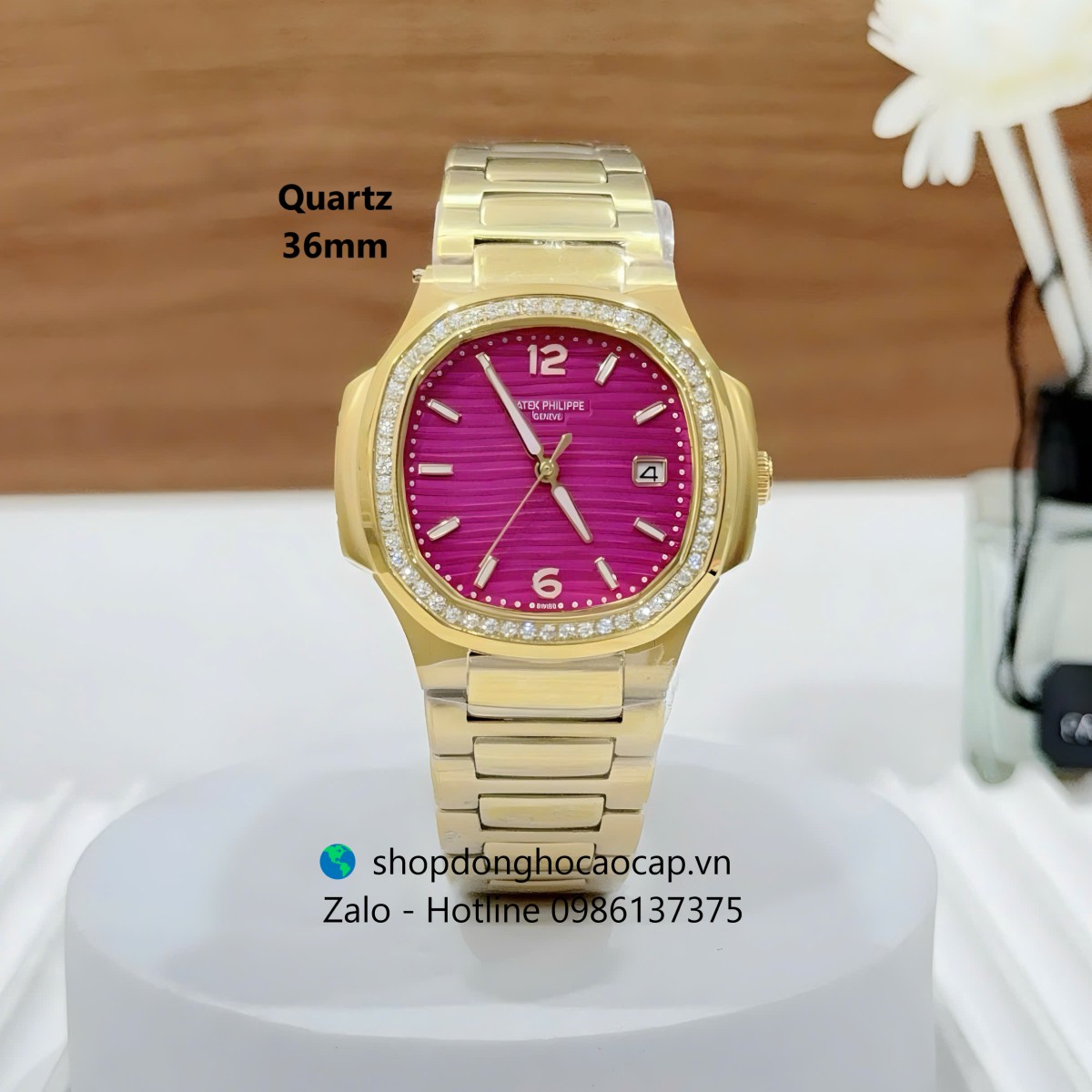 Đồng hồ Patek Philippe Nautilus nữ màu vàng size 36mm, đồng hồ nữ mặt màu hồng đậm Quartz