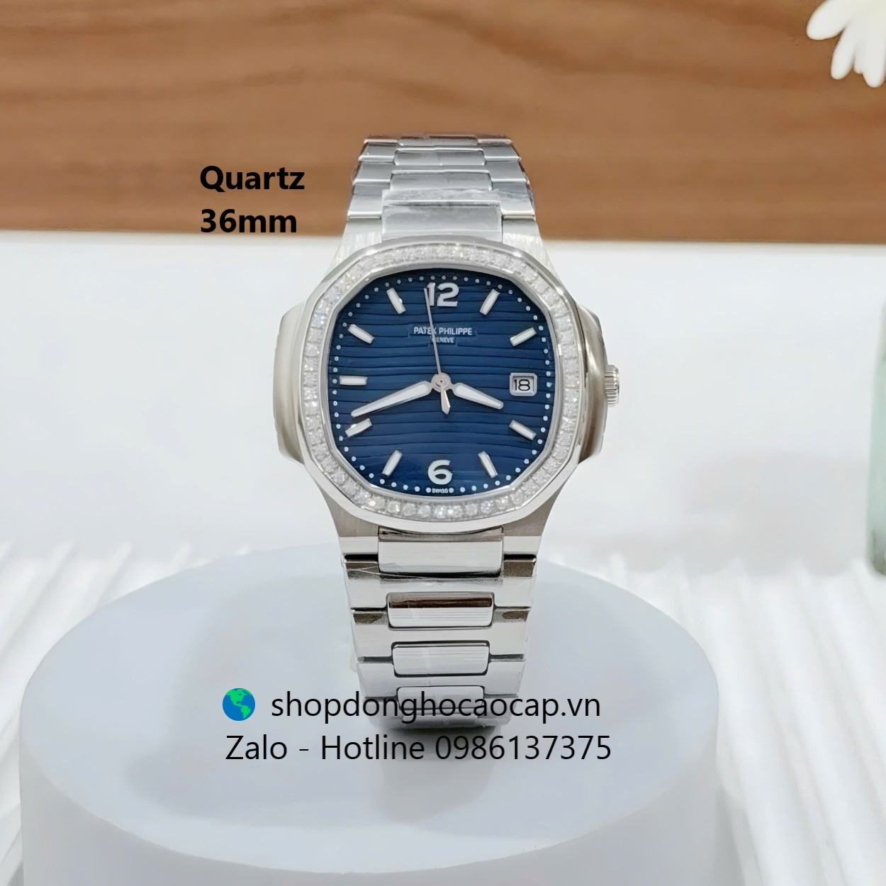 Đồng hồ Patek Philippe Nautilus nữ 36mm, đồng hồ nữ dây thép bạc mặt xanh viền đá máy Quartz