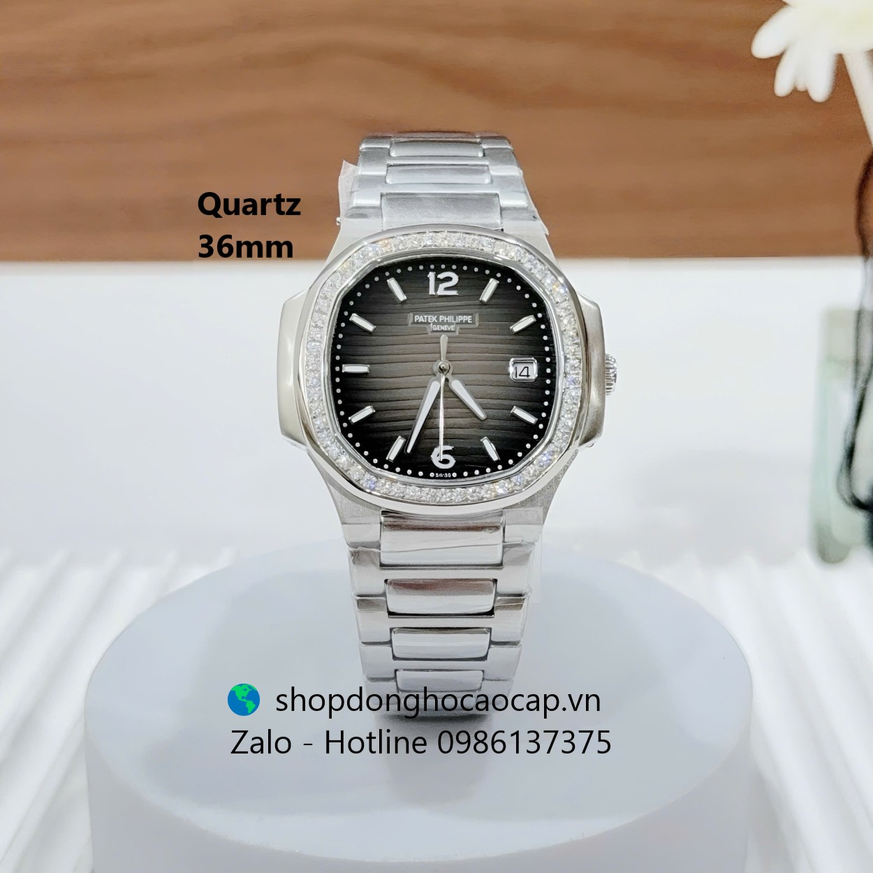 Đồng hồ Patek Philippe Nautilus nữ 36mm, đồng hồ nữ dây thép bạc mặt đen ombre viền đá máy Quartz