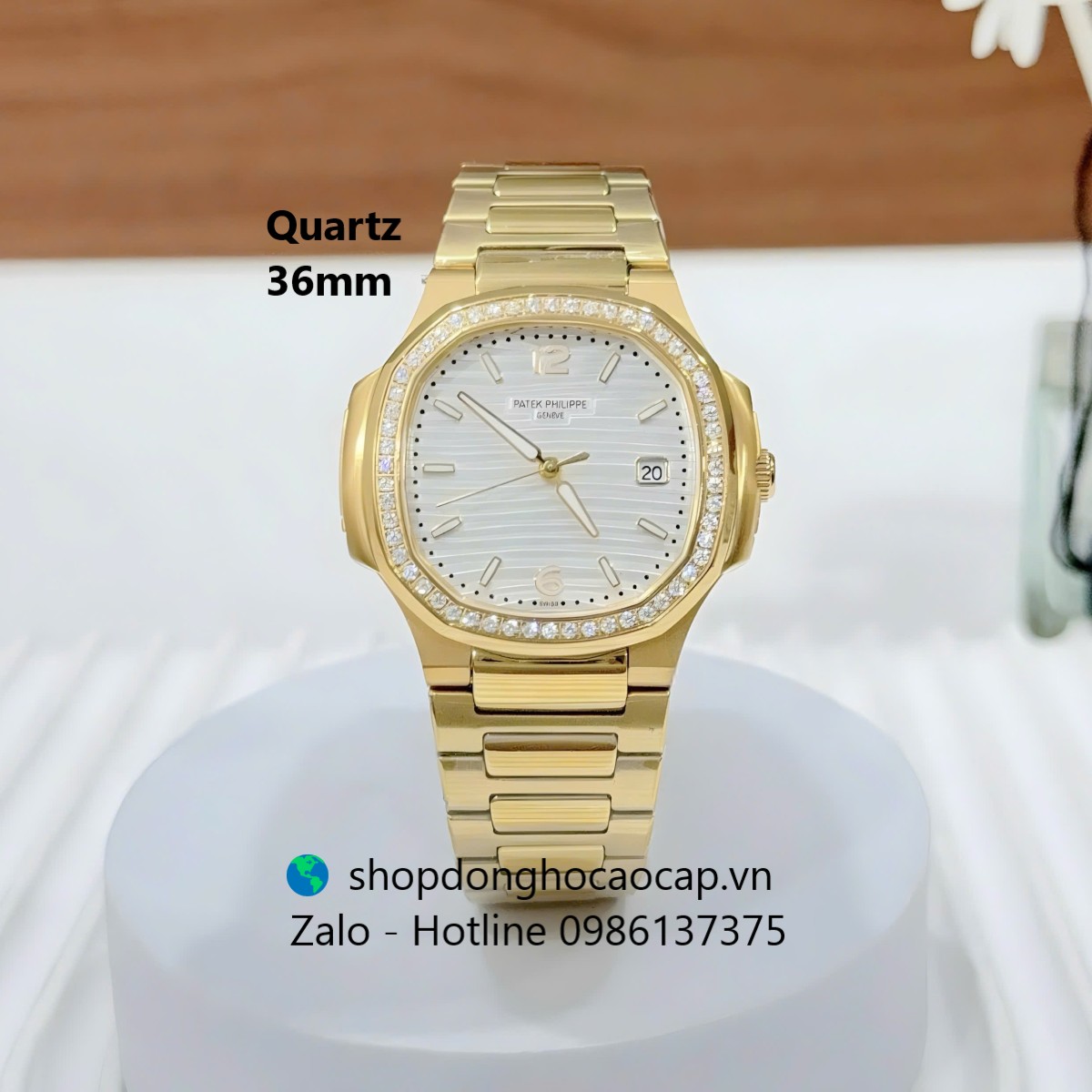 Đồng hồ Patek Philippe Nautilus nữ màu vàng size 36mm, đồng hồ nữ viền đá sang trọng Quartz