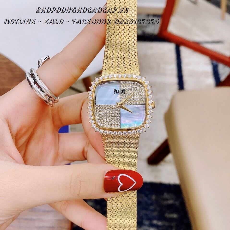 Đồng Hồ Piaget Nữ Dây Mesh Vàng Mặt Vuông Đính Đá 35mm (Xanh)