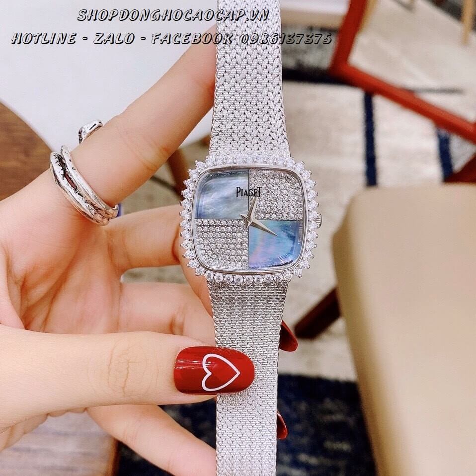 Đồng Hồ Piaget Nữ Dây Mesh Bạc Mặt Vuông Đính Đá 35mm - Xanh