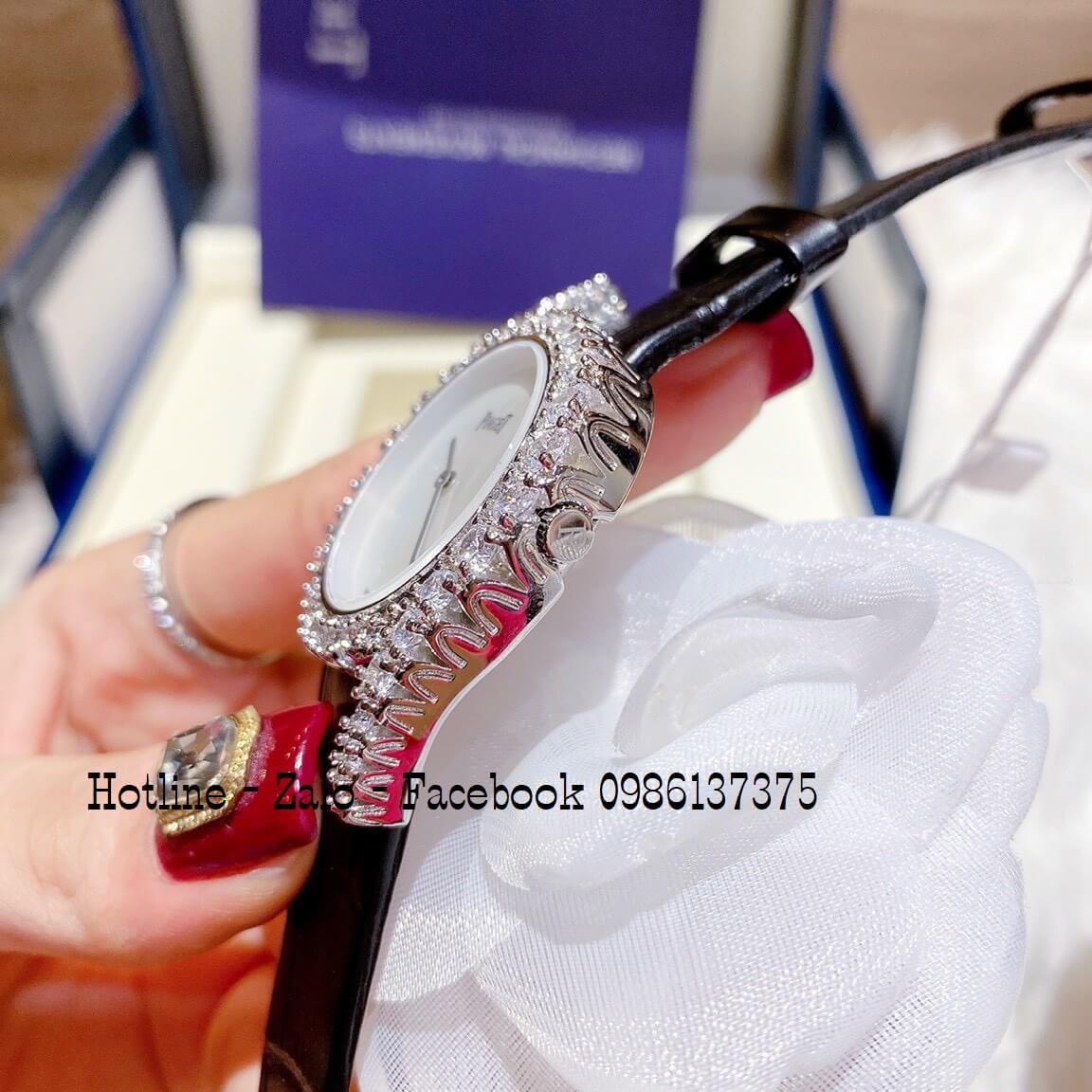 Đồng Hồ Piaget Nữ Dây Da Đen Mặt Trắng Đính Đá Size 32mm