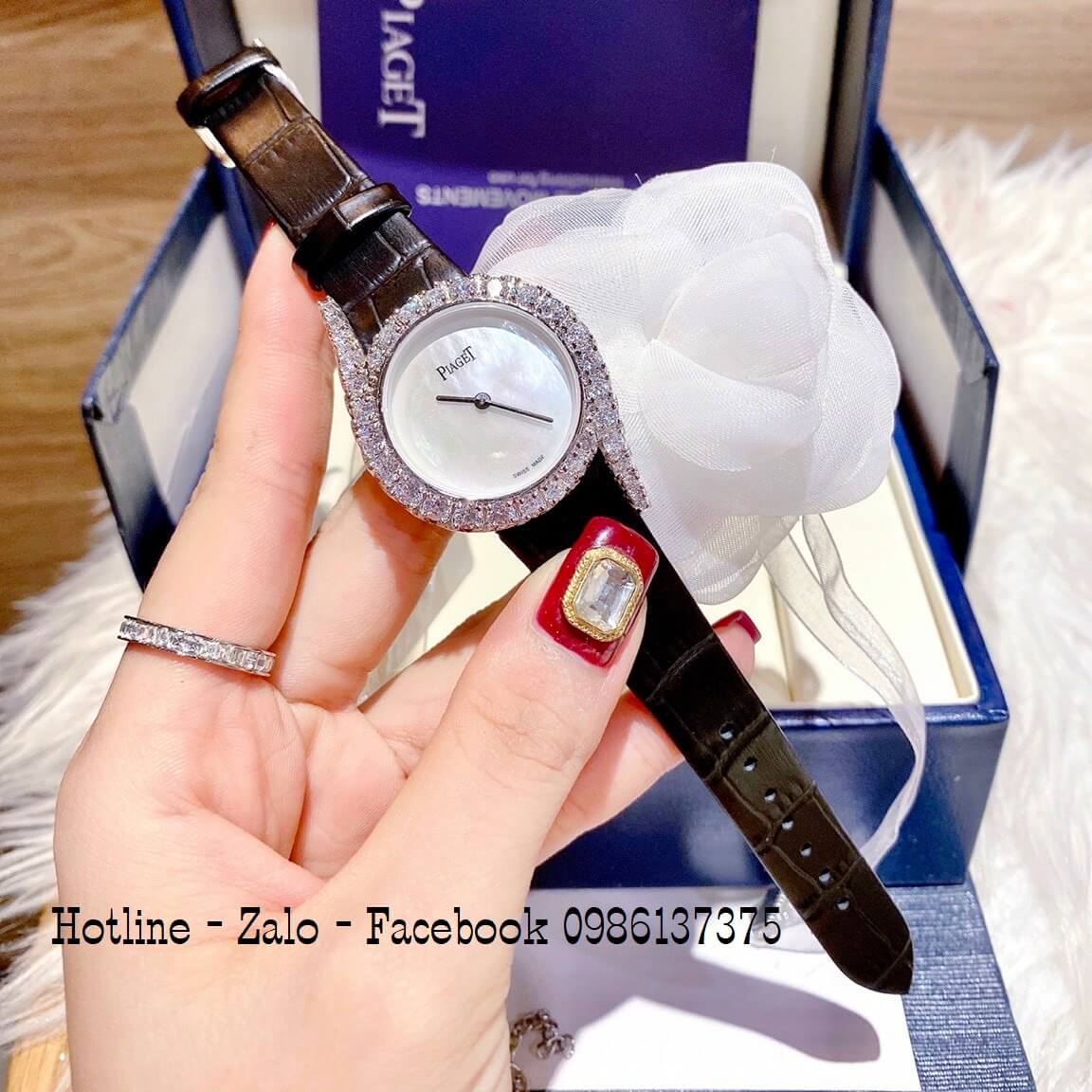 Đồng Hồ Piaget Nữ Dây Da Đen Mặt Trắng Đính Đá Size 32mm