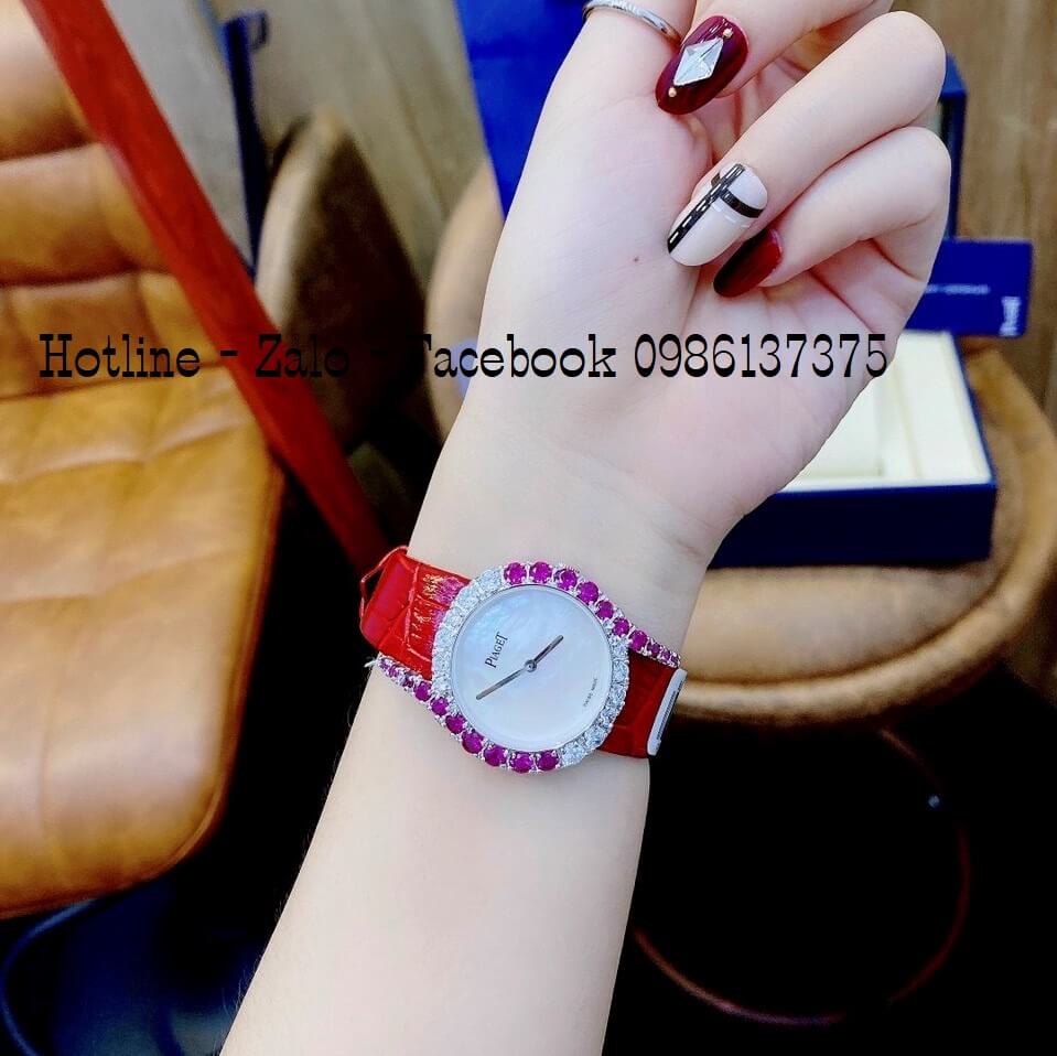 Đồng Hồ Piaget Nữ Dây Da Đỏ Mặt Xà Cừ Trắng Đính Đá Hồng Size 32mm