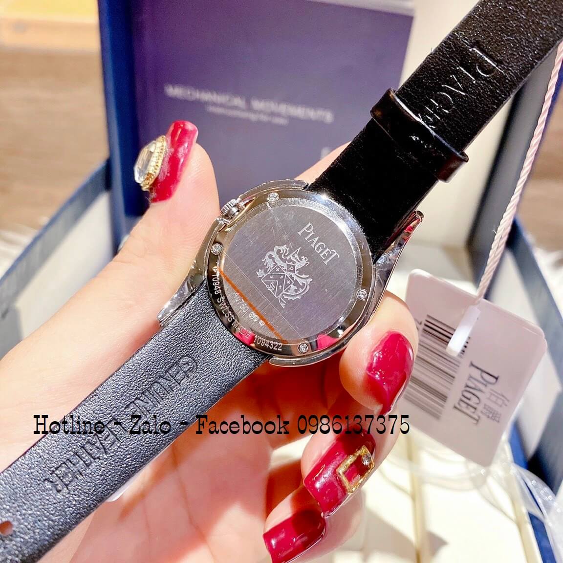 Đồng Hồ Piaget Nữ Dây Da Đen Mặt Xanh Đính Đá 32mm