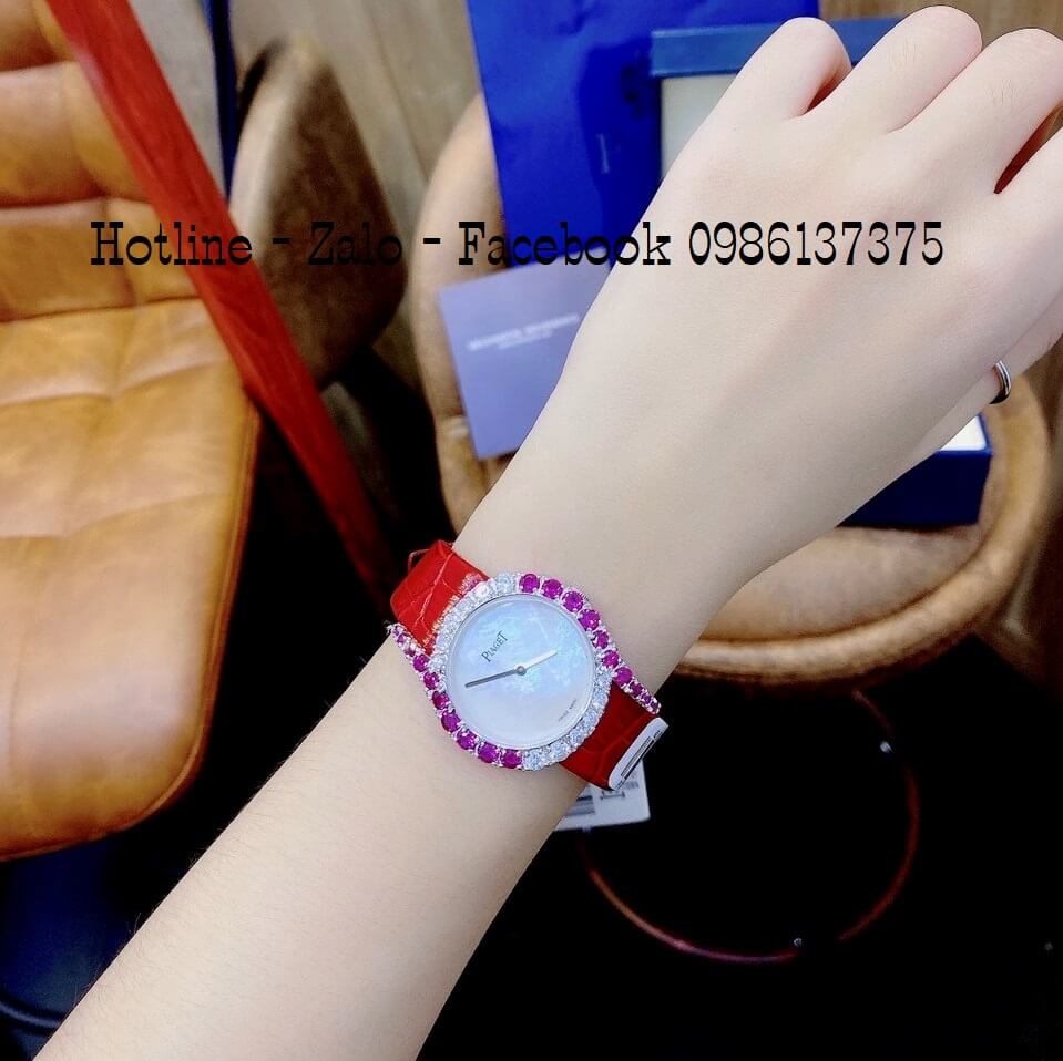 Đồng Hồ Piaget Nữ Dây Da Đỏ Mặt Xà Cừ Trắng Đính Đá Hồng Size 32mm