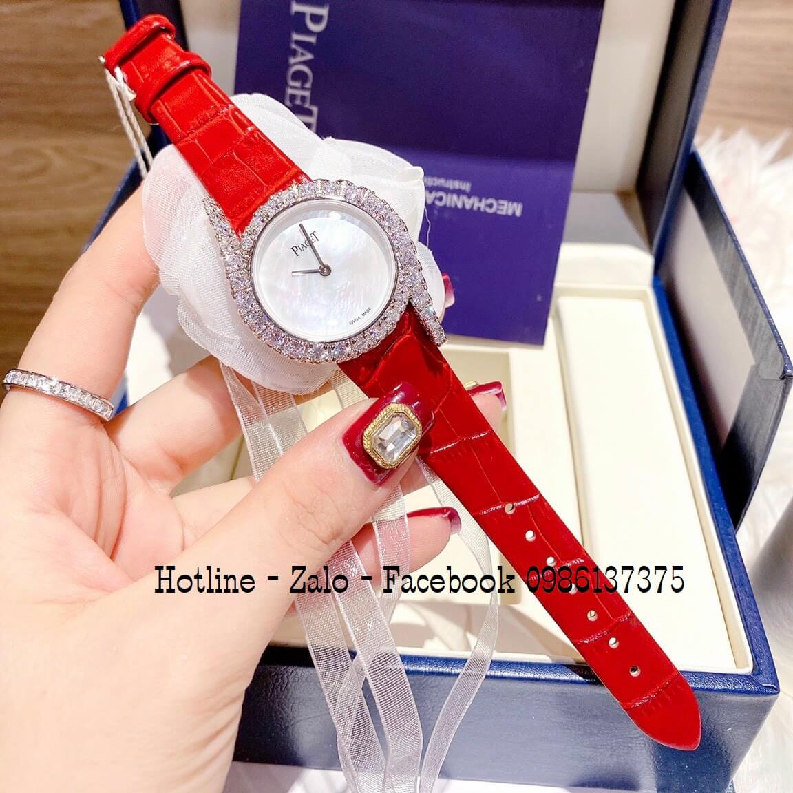 Đồng Hồ Piaget Nữ Dây Da Đỏ Mặt Trắng Đính Đá Size 32mm