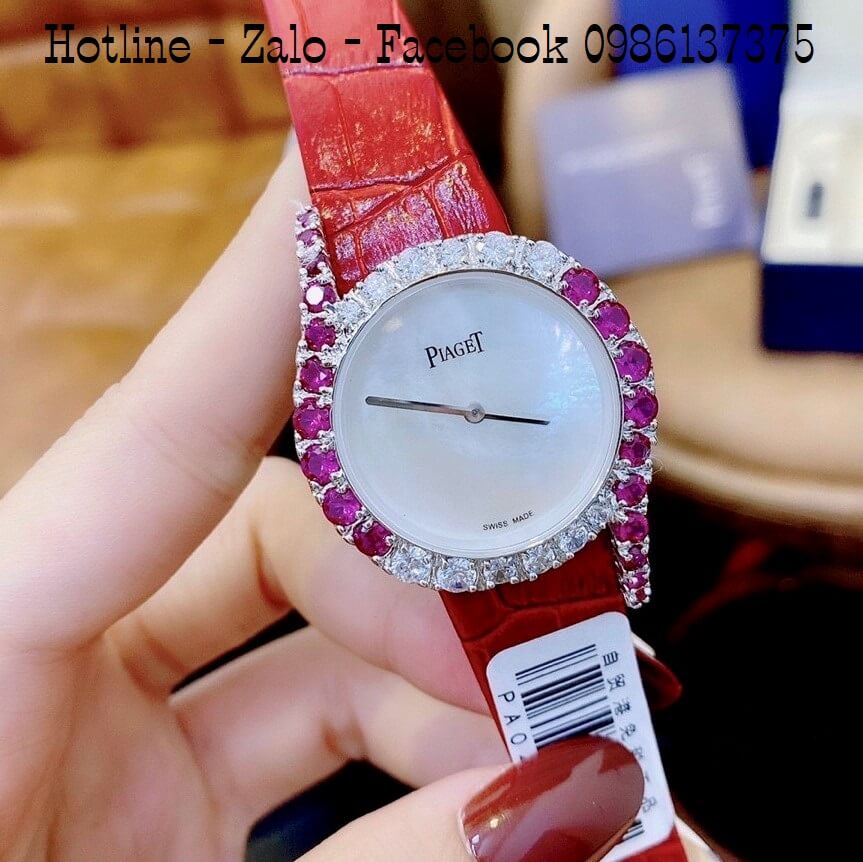 Đồng Hồ Piaget Nữ Dây Da Đỏ Mặt Xà Cừ Trắng Đính Đá Hồng Size 32mm