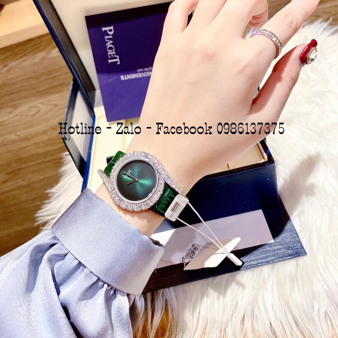 Đồng Hồ Piaget Nữ Dây Da Xanh Lá Mặt Đính Đá 32mm