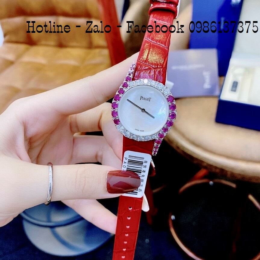 Đồng Hồ Piaget Nữ Dây Da Đỏ Mặt Xà Cừ Trắng Đính Đá Hồng Size 32mm