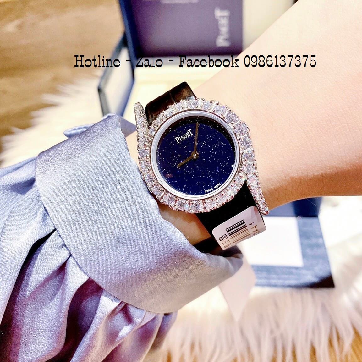 Đồng Hồ Piaget Nữ Dây Da Đen Mặt Xanh Đính Đá 32mm